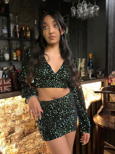 Sequin crop top skirt set