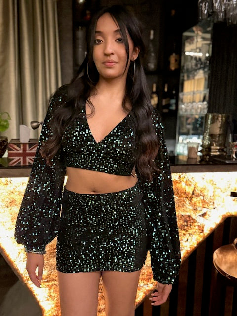 Sequin crop top skirt set